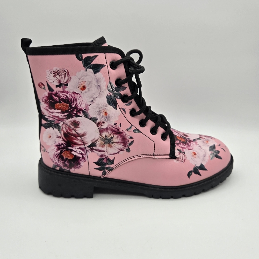 Floral Pink Lace-Up Women's Boots - Picture 4 of 9